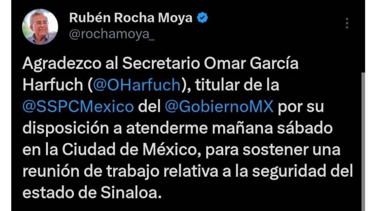 El Gobernador Rubén Rocha Moya anuncia que este sábado se reunirá con el Secretario de Seguridad del Gobierno federal, Omar García Harfuch.