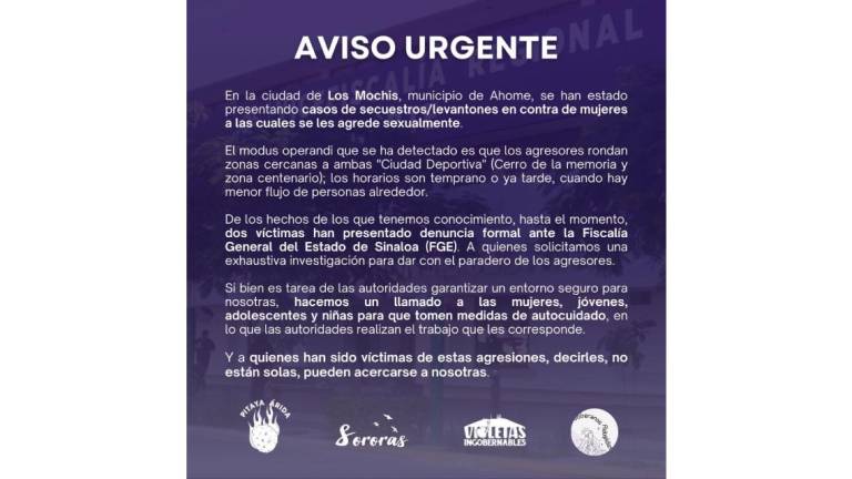 Alerta de colectivos feministas sobre agresiones a mujeres en Los Mochis.