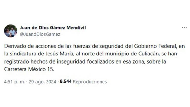 El Alcalde de Culiacán Juan de Dios Gámez Mendívil llama a la población a conservar la calma ante hechos violentos.