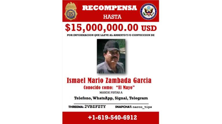 Ficha de recompensa de Estados Unidos para la detención de “El Mayo” Zambada.