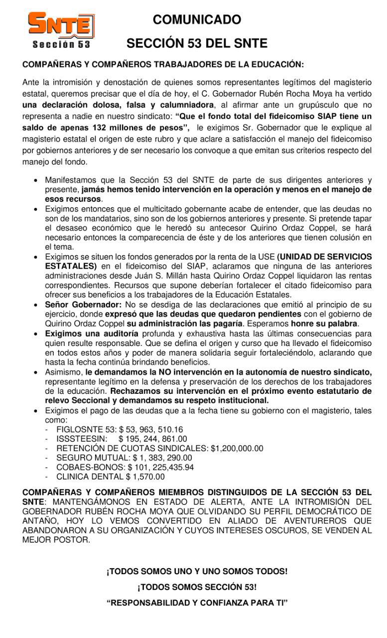 $!SNTE 53 exige al Gobernador se esclarezca el pago por la renta de la USE y los fondos del Sistema de Ahorro y Préstamos