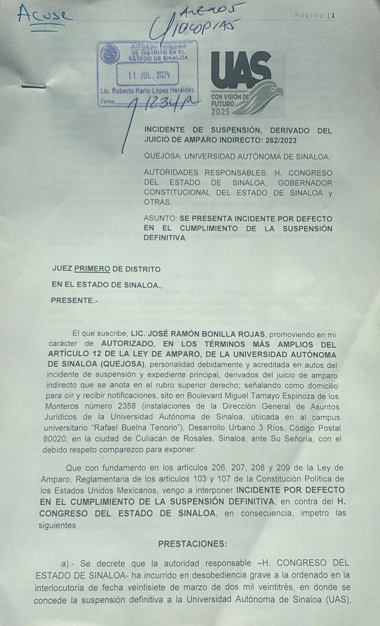 $!La UAS va contra reforma a su Ley Orgánica y promueve recurso contra el Congreso de Sinaloa