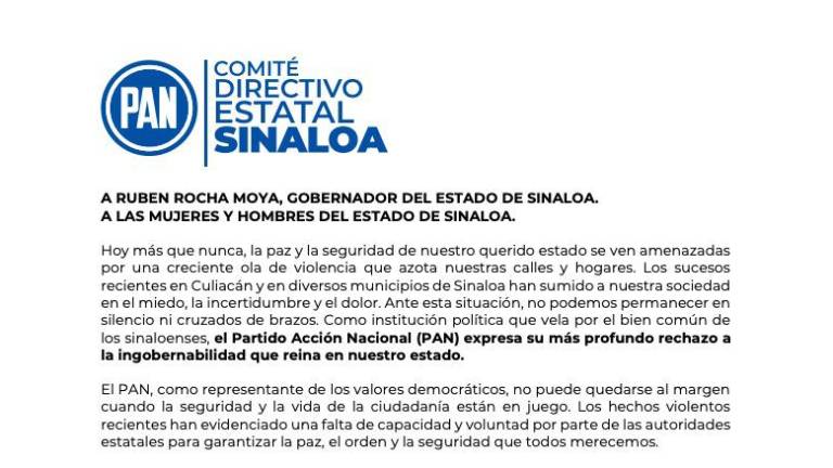 Mensaje del PAN Sinaloa ante los hechos de violencia recientes en Culiacán.