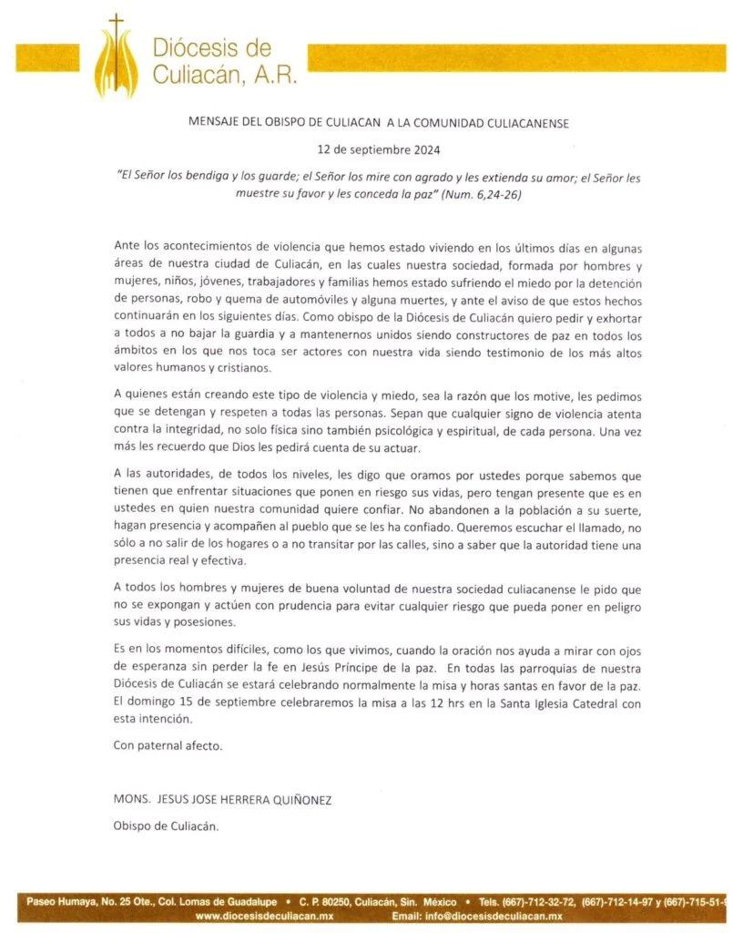 $!Diócesis de Culiacán exige intervención efectiva de autoridades de seguridad; ‘no abandonen a la población’, reclama