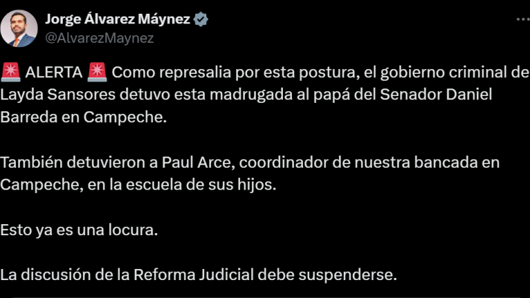 Mensaje de Jorge Álvarez Máynez sobre la no localización del Senador Daniel Barreda en Campeche.