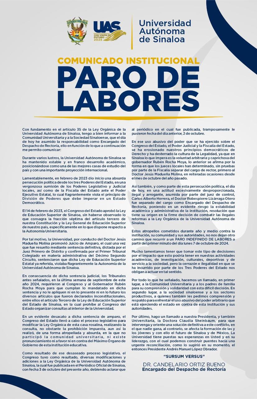 $!Anuncia UAS paro indefinido de labores a partir del lunes