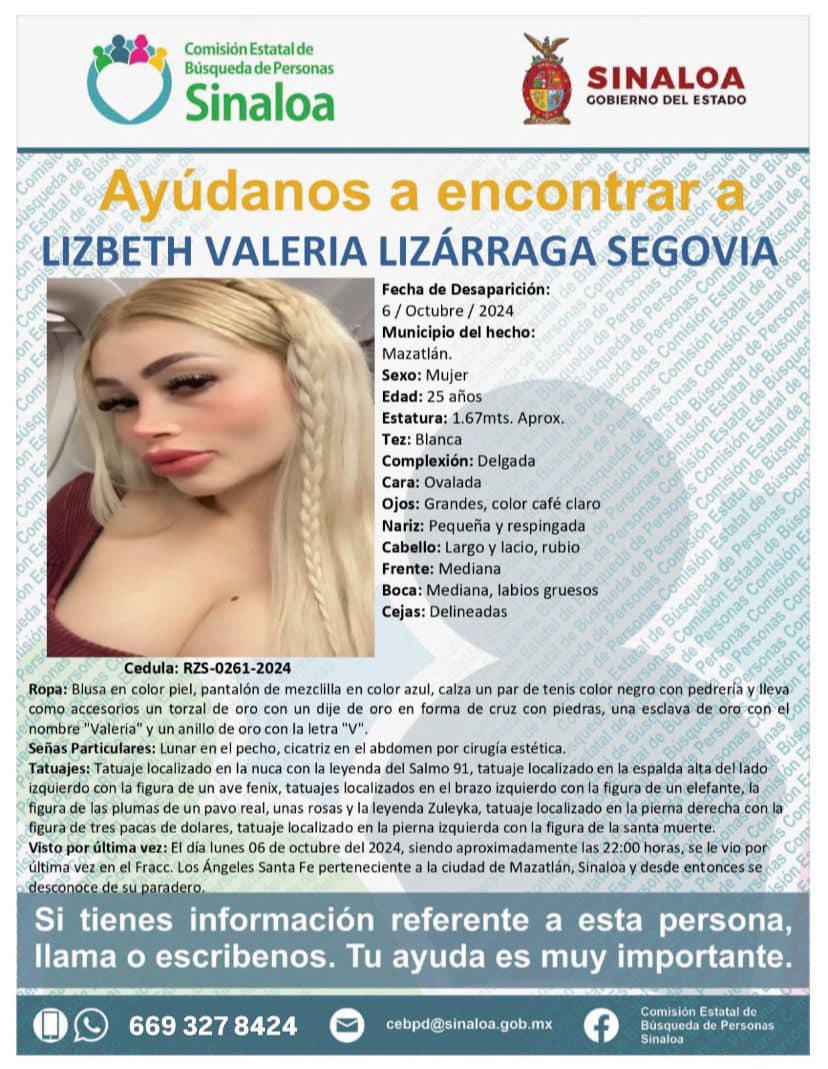 $!Ya van tres mujeres; ahora desaparece Lizbeth Valeria, en Santa Fe, en Mazatlán