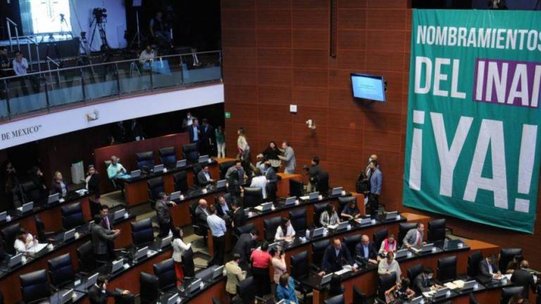 Carteles que senadores colocaron en sus curules con la leyenda “nombramiento del INAI ya”.