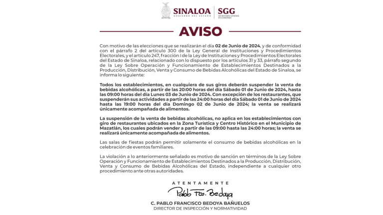 Establecimientos deberán suspender la venta de bebidas alcohólicas a partir de las 20:00 horas del sábado y hasta las 09:00 horas del lunes.