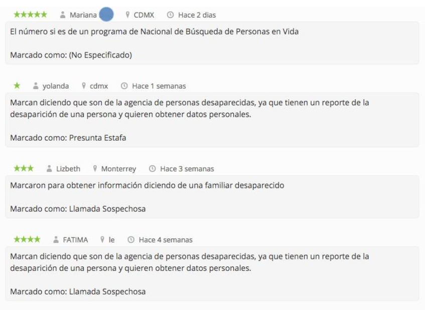 $!Captura de pantalla con los comentarios de las personas que han recibido las llamadas de funcionarios de la SSPC.