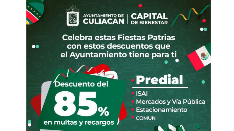 Descuentos patrios del 85% en Predial terminan este sábado en Culiacán