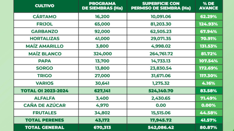 Cierra enero con 583 mil hectáreas sembradas en Sinaloa de 670 mil programadas: Cesavesin