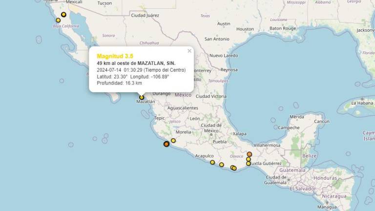 Registro sísmico del temblor de magnitud 3.5 ocurrido cerca de Mazatlán este domingo.