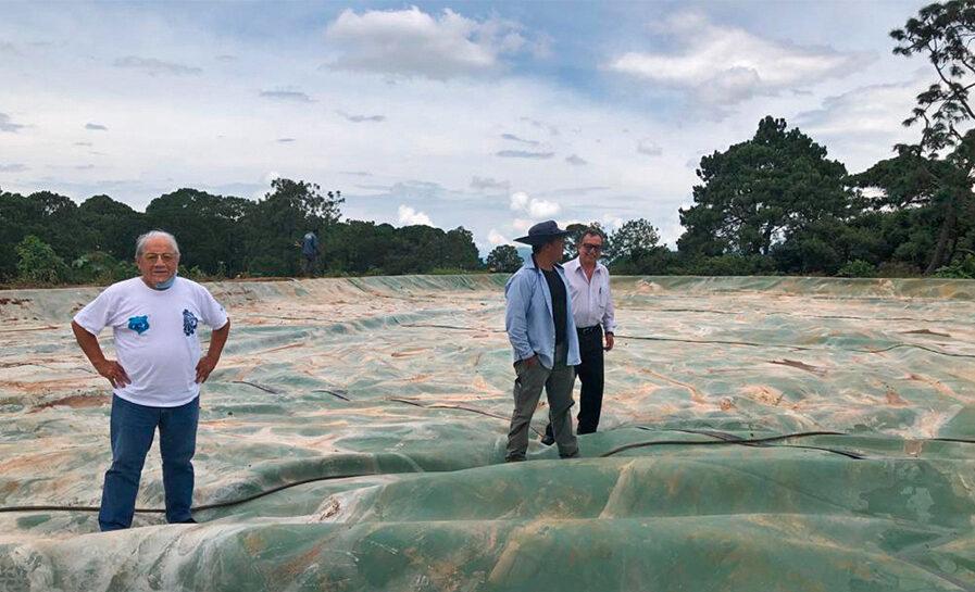 $!Miguel Aké (izquierda), un ingeniero eléctrico de 73 años del centro de México y jefe de su empresa de biogás, NopaliMex, supervisa los biodigestores de sargazo.