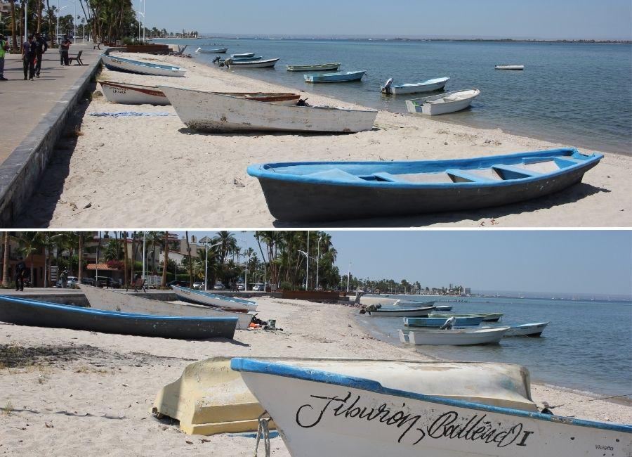 $!Embarcaciones varadas y fondeadas en los alrededores de la rampa de la calle Vicente Guerrero y Abasolo en el Malecón de La Paz. Foto tomada el 27 de agosto de 2024.