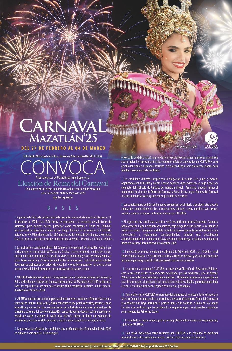 $!Bases de la convocatoria para las aspirantes a los diferentes reinados del Carnaval de Mazatlán 2025.