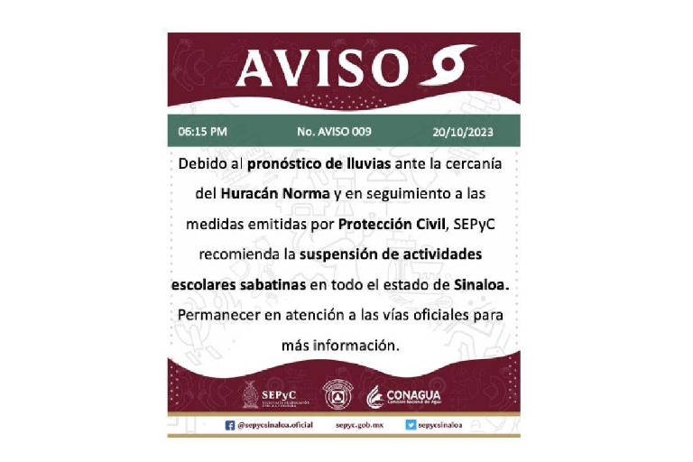 Suspende SEPyC actividades sabatinas en escuelas de Sinaloa