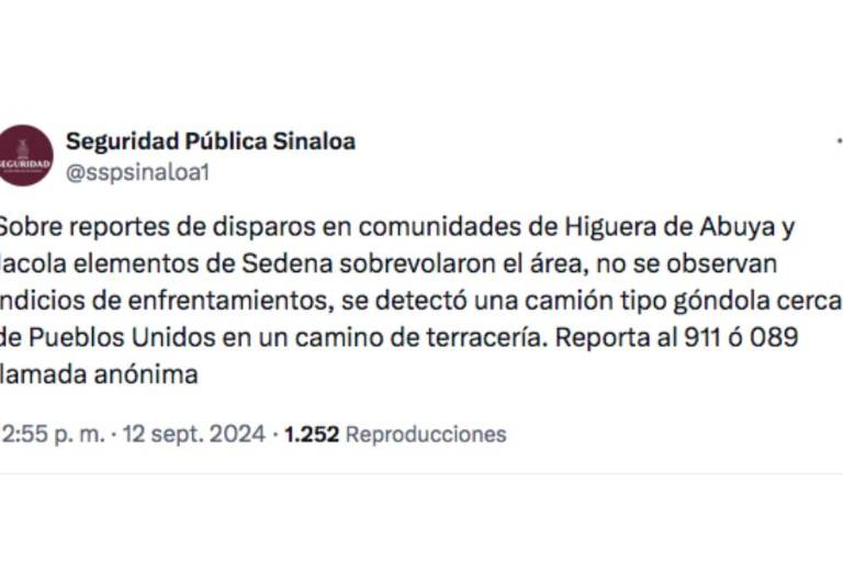 Descarta SSP enfrentamientos armados en Higuera de Abuya y Jacola, en Culiacán