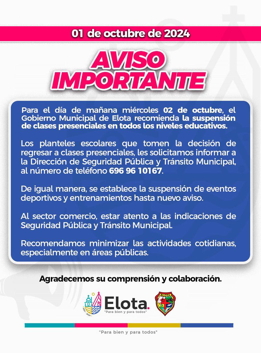 $!Mantiene Gobierno de Elota suspensión de clases y actividades públicas este miércoles