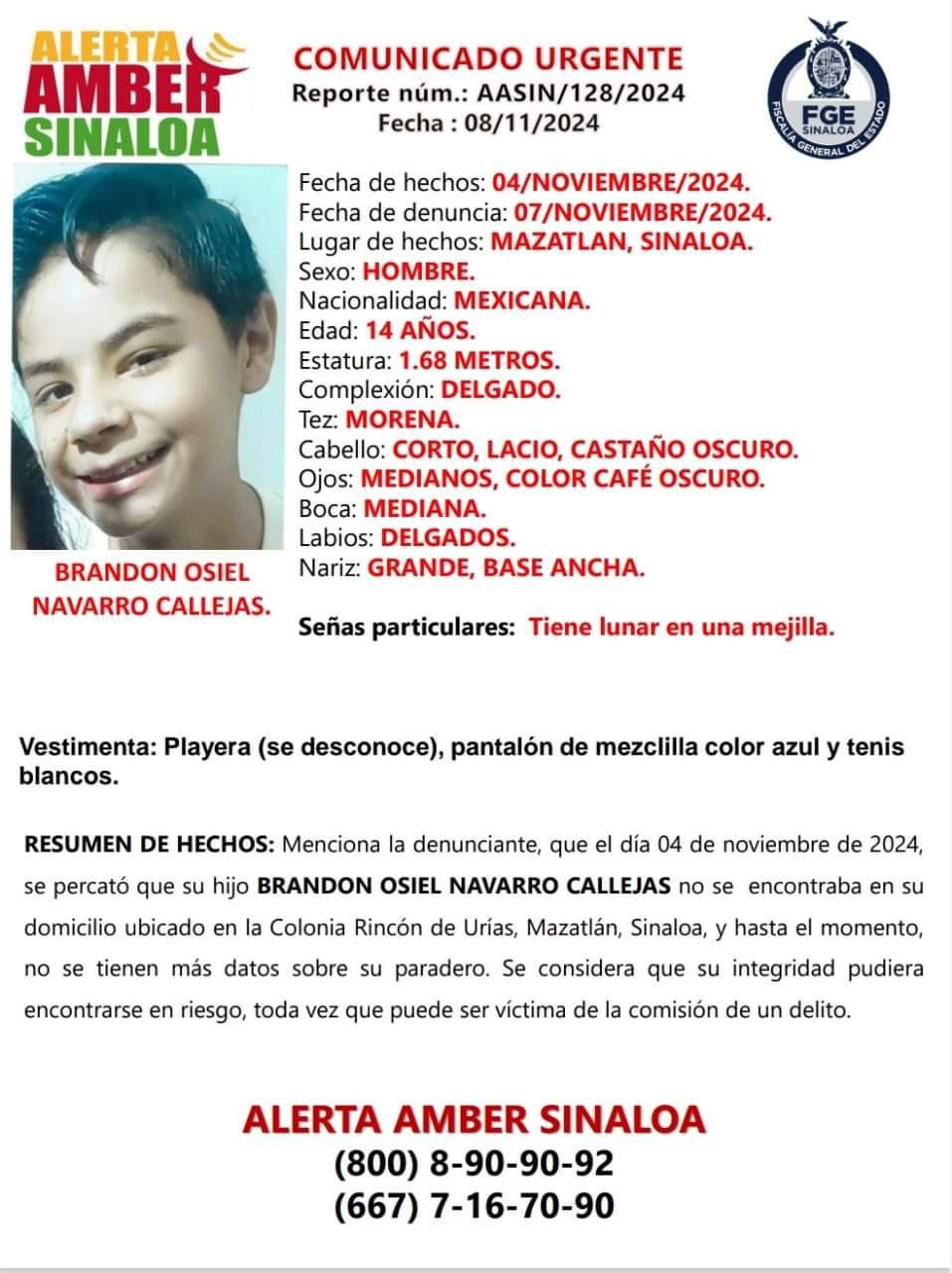 $!Desaparece Brandon Osiel, de 14 años, en Rincón de Urías, en Mazatlán