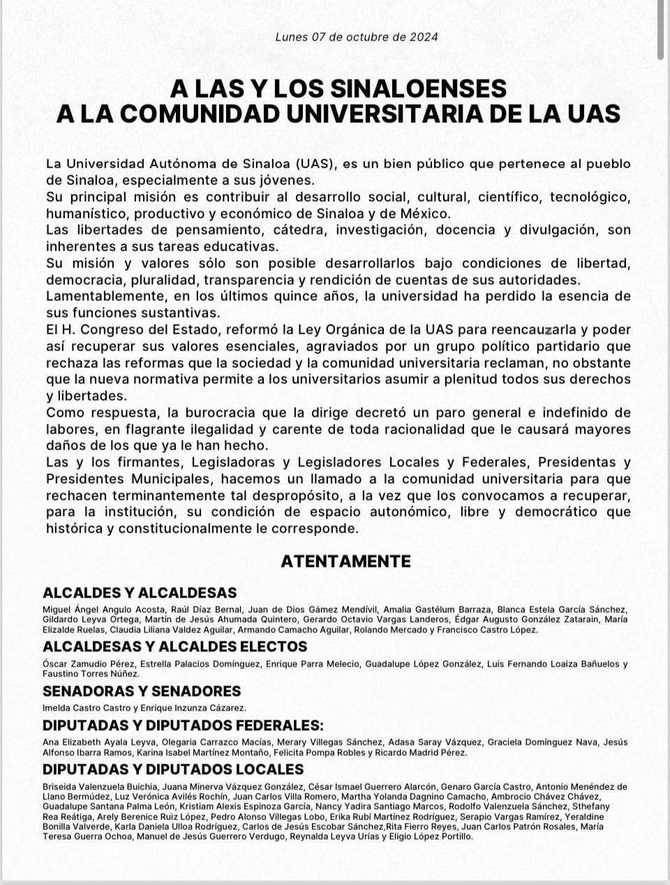 $!Políticos sinaloenses llaman a comunidad de la UAS a rechazar paro de labores