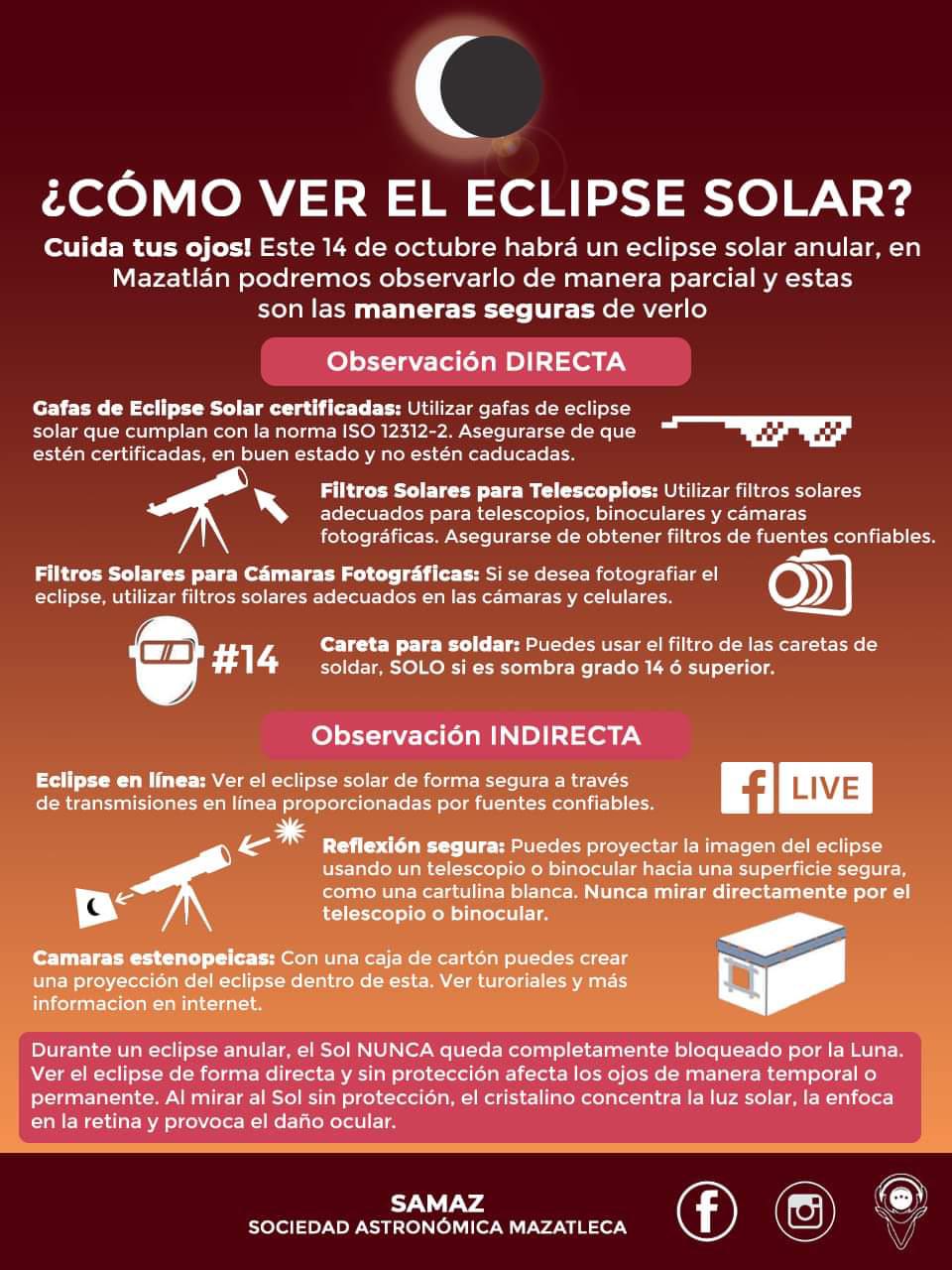 Ofrece Samaz guía de observación segura para el eclipse anular del 14