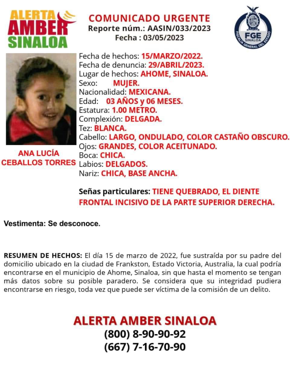 $!Buscan en Sinaloa a Ana Lucía, niña de 3 años sustraída en Australia