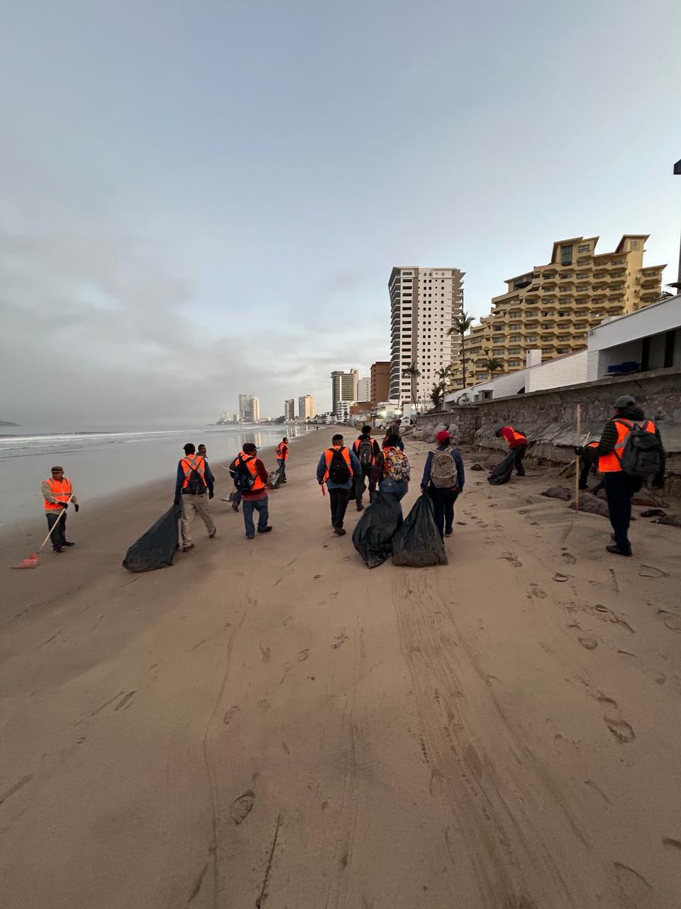 $!Limpian de madrugada las playas de Mazatlán; sacan más de 500 bolsas llenas de basura