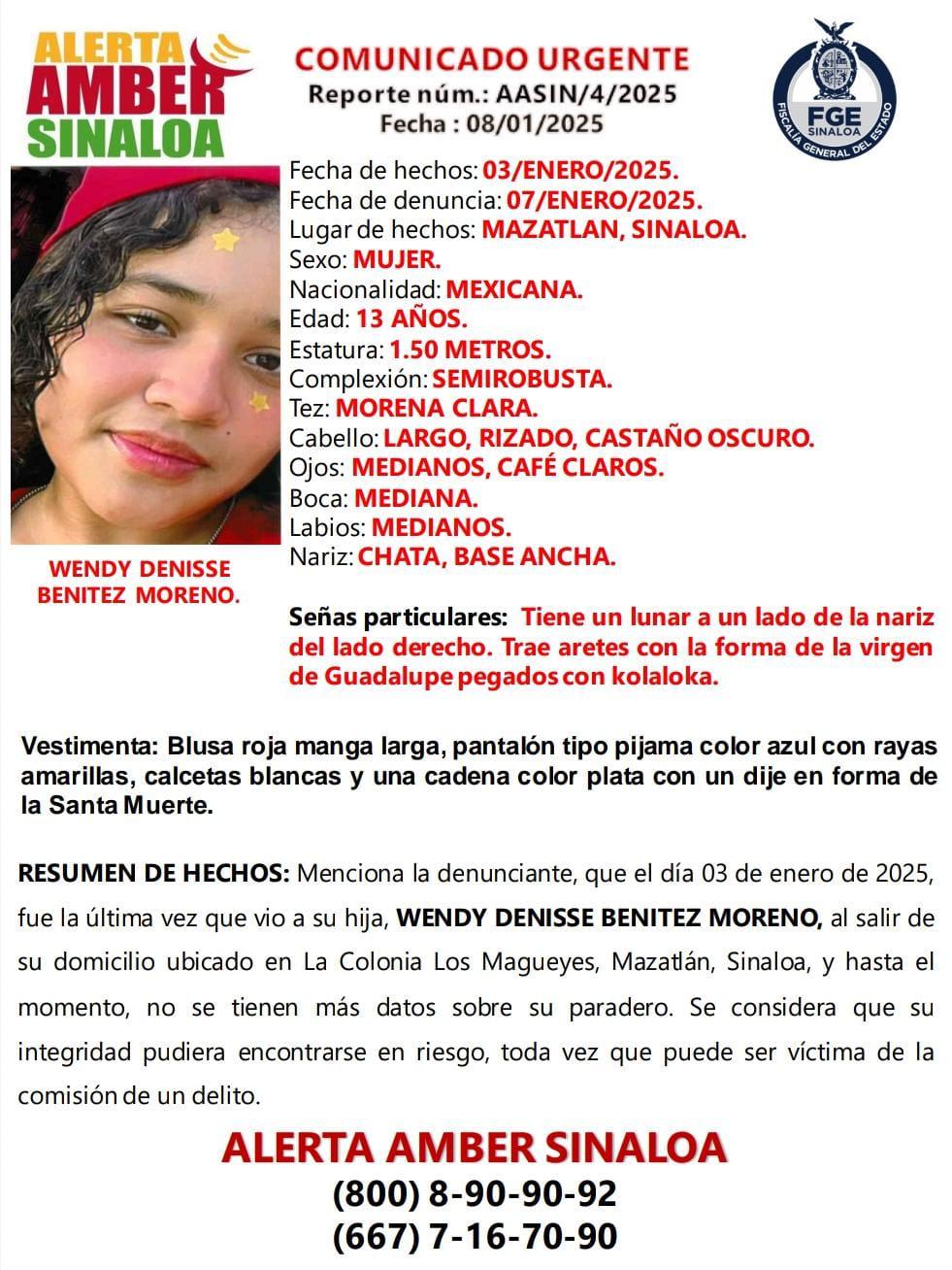 $!Wendy Denisse, de 13 años, desapareció en Mazatlán desde el 3 de enero