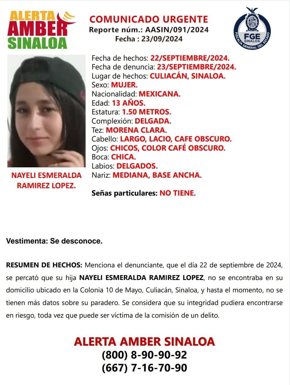 $!Buscan a Nayeli Esmeralda, de 13 años, desaparecida en Culiacán