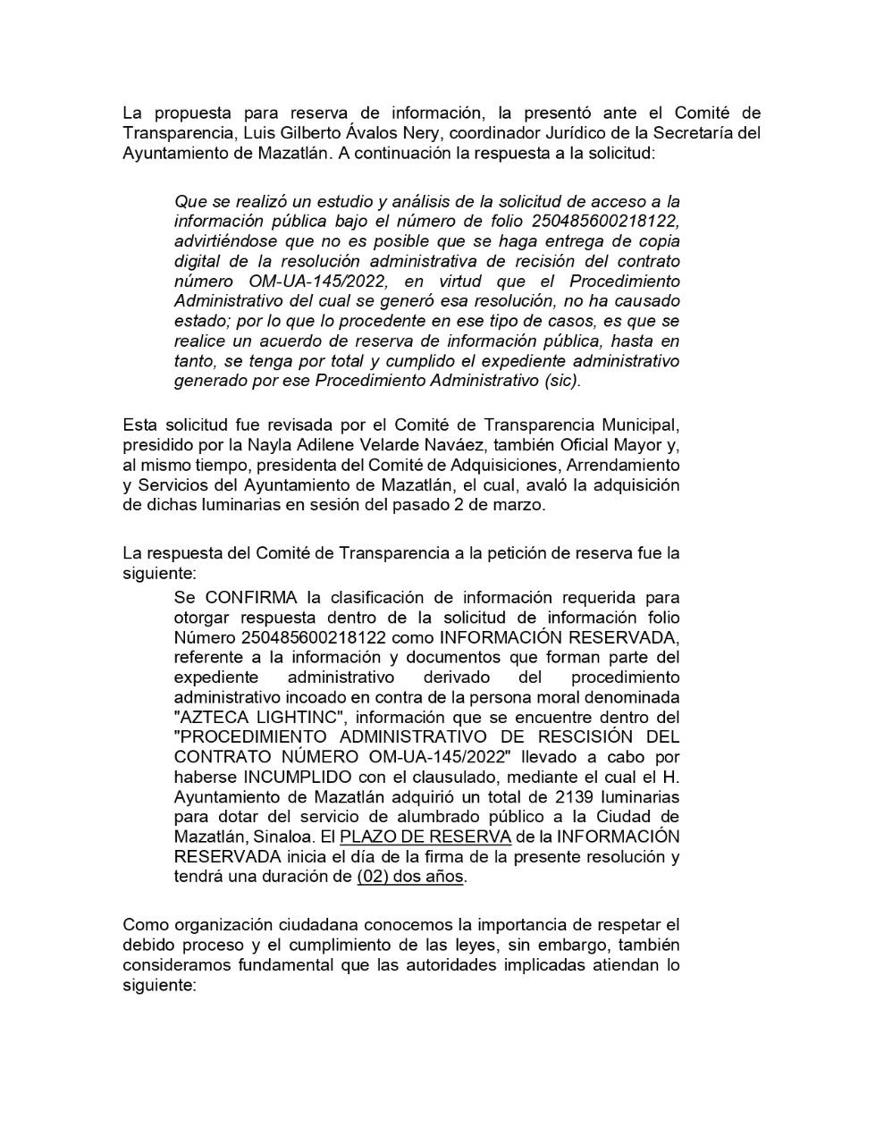 $!Reserva Gobierno de Mazatlán por dos años rescisión de contrato de luminarias con Azteca Lighting